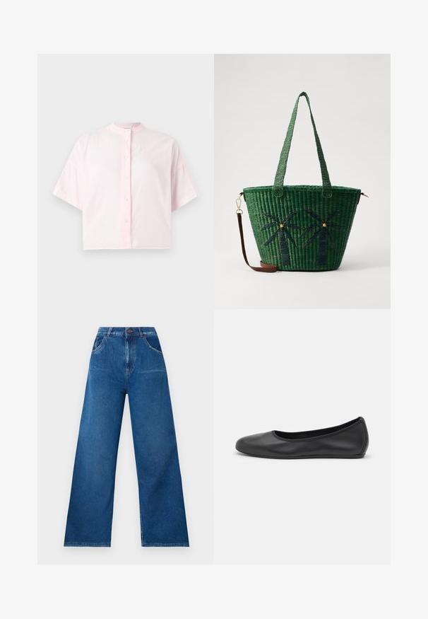 CLOSED RELAXED SHIRT - Palaidinė - pink; Tamsiai mėlynos džinsinės kelnes su plačiomis kojomis ir aukštu liemeniu, su priekinėmis ir galinėmis kišenėmis, taip pat su kontrastingomis siūlėmis.; Juodai odiniai baletai su apvaliu pirštu, lygi texture, minimalus siuvimo detales ir lanksčiu padų dizainu.; Žalia pynimo dydžio kuprinė su palmės medžiais tamsiai žaliai; turi dvi rankenas ir nuimamą rudos odos petinę dirželį.
