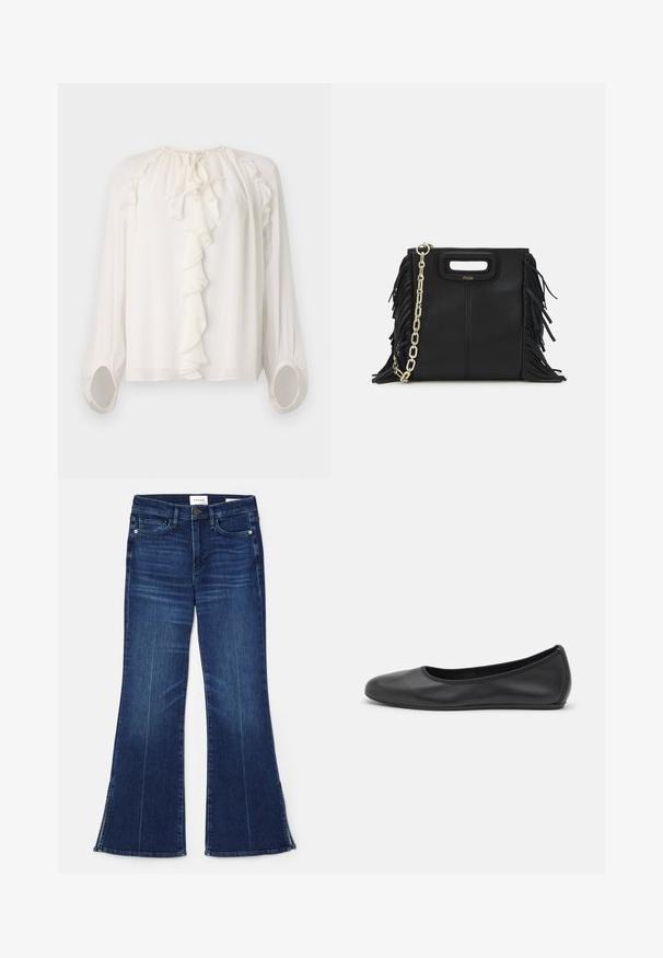 Blusa blanca de manga larga con cuello y puños con volantes. Tela suave y ligera con detalles fruncidos en los hombros y las mangas.; Vaqueros acampanados de color azul oscuro, hechos de mezclilla. Presentan una cintura alta, bolsillos frontales y detalles de abertura en el dobladillo. Diseño clásico de cinco bolsillos.; Bailarina de piel negra con punta redondeada, textura suave, detalle de costura minimalista y diseño de suela flexible.; Bolso de mano de cuero negro con detalles de flecos, correa de cadena dorada para el hombro y un asa con corte. Presenta una colocación del logotipo en la parte frontal.