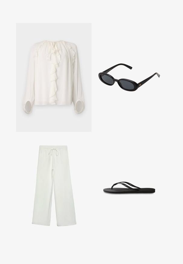 Blouse blanche à manches longues avec un col et des poignets à volants. Tissu doux et léger avec des détails froncés aux épaules et aux manches.; Pantalons larges blancs en tissu doux. Dotés d'une taille élastique avec cordon de serrage et d'une texture lisse. Aucuns motifs visibles ni éléments en métal.; Tongs noires avec une semelle en caoutchouc texturée, deux fines lanières et un détail de logo embossé subtil sur la lanière.; Lunettes de soleil noires surdimensionnées avec des verres ovoïdes, monture en plastique lisse et accents dorés sur les tempes. Les verres sombres offrent une protection contre le soleil.; Sac fourre-tout en paille tissée avec une texture tressée, anses et base en cuir marron foncé, forme circulaire large et design ouvert en haut.