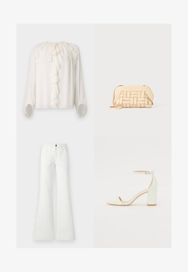 White, long-sleeved blouse with a ruffled neckline and cuffs. Soft, lightweight fabric with gathered detailing at the shoulders and sleeves.; White flared pants made of woven fabric, featuring a braided waistband, two front pockets, and a smooth texture. Fastened with a black button.; White leather block-heel sandal featuring an ankle strap with a buckle and minimalist design. Open toe and smooth textures throughout.; Woven beige handbag with a structured design, featuring a smooth top and a long strap. Textured detailing enhances the overall appearance.