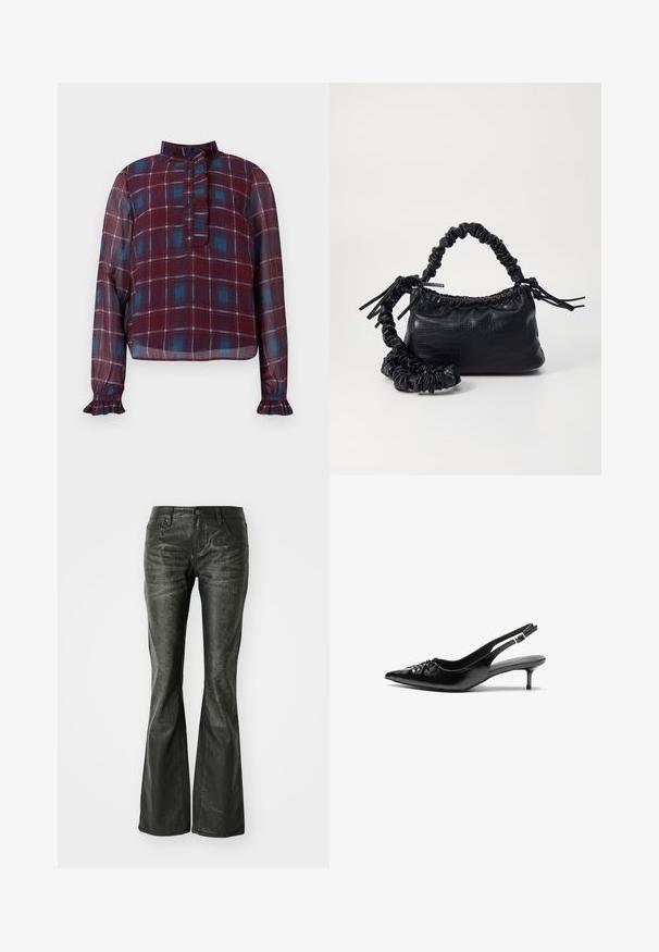 Langärmlige Bluse in burgunderrot und blauem Karomuster mit gerafftem Stehkragen, Knopfleiste und gerafften Manschetten.; Schwarze Kunstleder-Flared-Jeans mit Fronttaschen, einem Metallknopfverschluss und einer leicht strukturierten Oberfläche. Schmaler Schnitt mit langem Bein.; Schwarze Slingback-Pumps aus Leder mit spitz zulaufender Schuhspitze, niedrigem Kitten-Heel und gerafftem Detail am Vorderblatt. Glatte Textur und minimalistisches Design.; Schwarze Handtasche aus Kunstleder mit Krokodilstruktur, gerafftem oberen Teil und einem geschoppten Tragegurt. Sie wirkt weich und kompakt im Design.