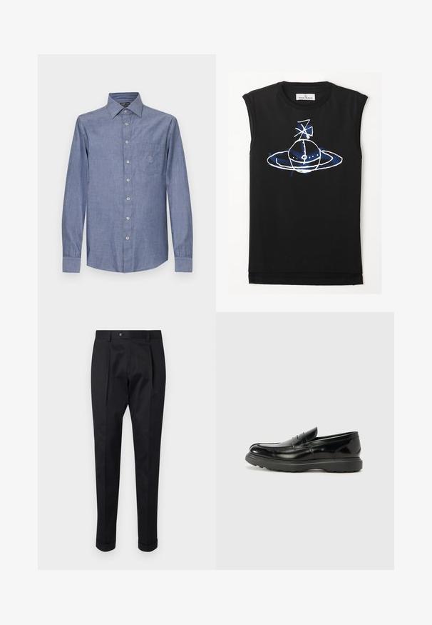 Light blue button-up shirt made of cotton with long sleeves, a chest pocket, and a subtle embroidered design on the pocket.; Black sleeveless top featuring a blue and white graphic design of a planet-like figure with rings and satellite elements. Soft cotton material.; Black trousers made of a smooth fabric, featuring a fold at the front, a button closure, and rolled cuffs at the ankle.; Black leather loafer with a glossy finish, rounded toe, subtle stitching details, and a thick rubber sole for durability.