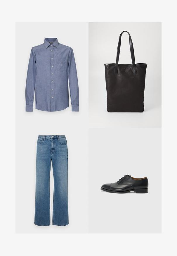 Vaaleansininen pitkillä hihoilla varustettu puuvillapaita, jossa on rintatasku ja taskussa hienovarainen kirjailu.; Levelederg blå jeans laget av denim med en falmet finish. Har fem lommer, glidelås foran og rett snitt.; Mustat nahkakengät, joissa on sileä pinta, pyöreä kärki, viisi rei'itystä nauhoja varten ja matala lohko korko. Minimalistinen muotoilu hienovaraisella ompelulla.; Mustat kangaskassit mustilla nahkahandleilla. Yksinkertainen muotoilu, tilava runko ja sileä pinta. Ei näkyviä logoja tai kuvioita.