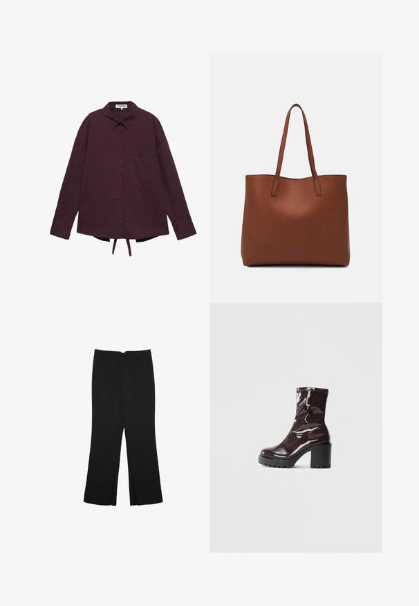 Tumman violetti pitkähihaisen napillisen paidan, jossa on kaulus, rintatasku ja säädettävät soljet helman kohdalla.; Mustat housut suoralinjaisella leikkauksella, joissa on etutaskut ja sivurei'ät helman alla. Valmistettu pehmeästä ja sileästä kankaasta. Sopii eri tilaisuuksiin.; Satea bordeaux berwarna mengkilap dengan tumit hitam tebal, menampilkan tekstur halus dan desain sederhana. Tanpa pengikat atau pola yang terlihat.; Ruskea nahkainen olkalaukku, jossa on sileä pinta, avoin yläosa ja kaksi olkahihnaa. Omaavat vain minimaalisen ompelun eikä näkyvää metalliosaa.