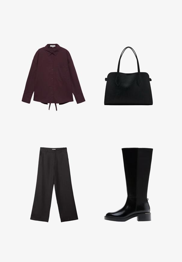 Dunkelviolettes Langarm-Hemd mit Knöpfen, Kragen, Brusttasche und verstellbaren Bändern am Saum.; Schwarze weite Hosen aus glattem Stoff, mit einem Reißverschluss vorne und zwei seitlichen Taschen, maßgeschneiderter Passform und minimalistischem Design.; Schwarzer kniehoher Stiefel aus glattem Leder, mit markanten Nähten, klobigem Absatz und einer strukturierten Rückseite für zusätzlichen Akzent.; Schwarze Lederhandtasche mit zwei Schulterriemen, rechteckiger Form und minimalistischem Design auf weißem Hintergrund.