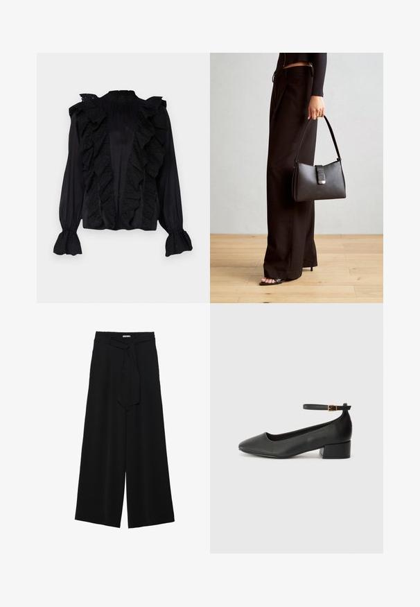 Svart bluse med rynket front og ermer, laget av lett stoff, med intrikate broderier og høy hals.; Svart vide bukser med teksturert stoff, elastisk midje og avtagbart belte som gir justerbar passform.; Sorte skinnpumper med spiss tå og lav blokkhelt. Har ankelrem med gullfarget spenne. Glatt tekstur.; Svart håndveske med strukturert form, jevn tekstur og metallisk lås. Kombinert med brede svarte bukser og sandaler med åpen tå på tregulv.
