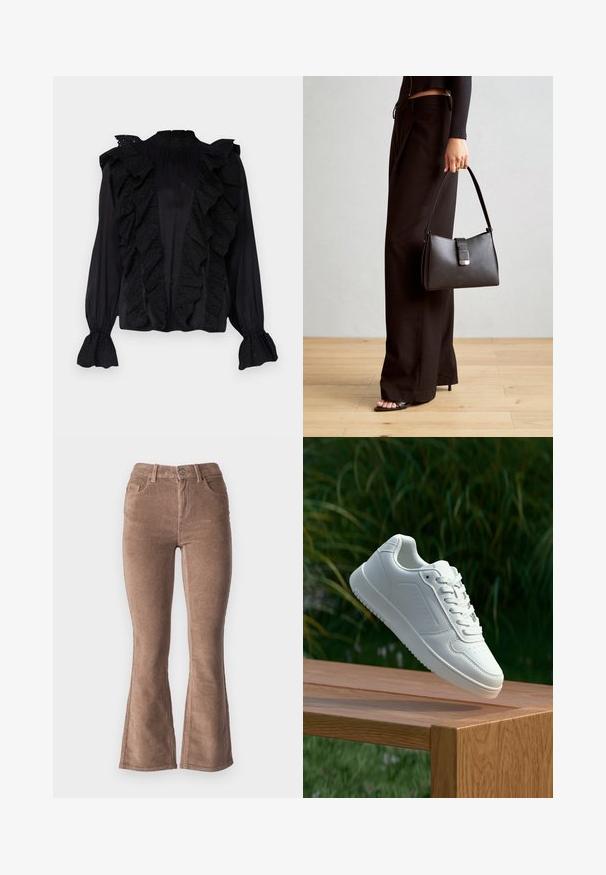 Fekete blúz fodros elülső résszel és ujjakra, légies anyagból készült, bonyolult hímzéssel és magas nyakkivágással.; Barna kordbársonyos harangszárú nadrág, bordás textúrával, magas derekú fazonban, öt zsebbel és elülső gombos záródással.; Fehér sportcipő sima szintetikus felsőrésszel, perforált lábujjrész, lapos fűzőkkel és texturált talppal, fából készült felületen kihelyezve.; Fekete kézi táska strukturált formával, sima textúrával és fémből készült záródással. Széles fekete nadrággal és nyitott orrú szandállal párosítva, fából készült padlón.