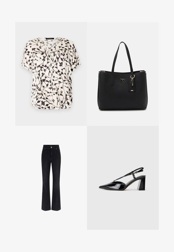 Blúzka na krátky rukáv, zapínanie na gombíky, v off-white s čiernym kvetinovým vzorom. Disponuje výstrihom do V a jemnou, ľahkou látkou.; Čierne džínsy s rozšírenými nohavicami, vysokým pásom, piatimi vreckami a kovovými gombíkmi na stranách. Hladká textúra a klasický strih.; Čierne patent leather sandále na vysokých opätkoch s ostrou špičkou, nastaviteľným popruhom a robustným obdĺžnikovým opätkom.; Čierna taška cez plece vyrobená z textúrovaného syntetického materiálu, so zatahovacími popruhmi, zlatou logovou tabuľkou a malou značkou s akcentovou detailou.