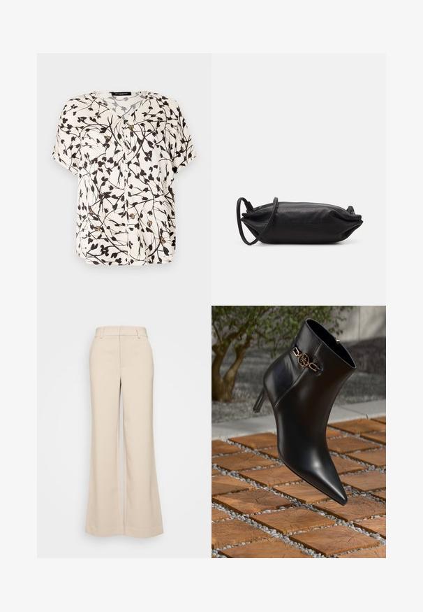 Kortærmet knap-up bluse i off-white med sort blomsterdesign. Har V-udskæring og blødt, let stof.; Beige vidde bukser med en glat overflade, der har en høj talje og to forlommer. Renset design med en skræddersyet pasform.; Sort læder ankelstøvle med spids tå og lille hæl. Har en gylden kædeaccent om anklen. Omgivet af en tekstureret stensurface.; Sort læder clutch taske med rektangulær form, glat tekstur, tynd skulderrem og minimalistisk design.