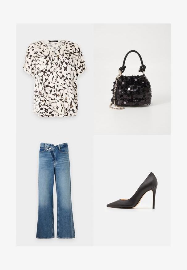 Blusa a maniche corte, con bottoni, in bianco sporco con design floreale nero. Presenta un collo a V e un tessuto morbido e leggero.; Jeans a zampa d'elefante in denim blu chiaro con vita alta, dotati di due bottoni e tasche frontali. Il tessuto ha una texture sbiadita con variazioni sottili.; Décolleté nera in pelle con tacco alto, punteggiato e dalla texture liscia, caratterizzata da un tacco sottile e un design minimalista.; Mini borsa a tracolla nera in paillettes con una tracolla texturizzata annodata e catena argentata. Forma rotonda con parte superiore arricciata e dettagli riflettenti.