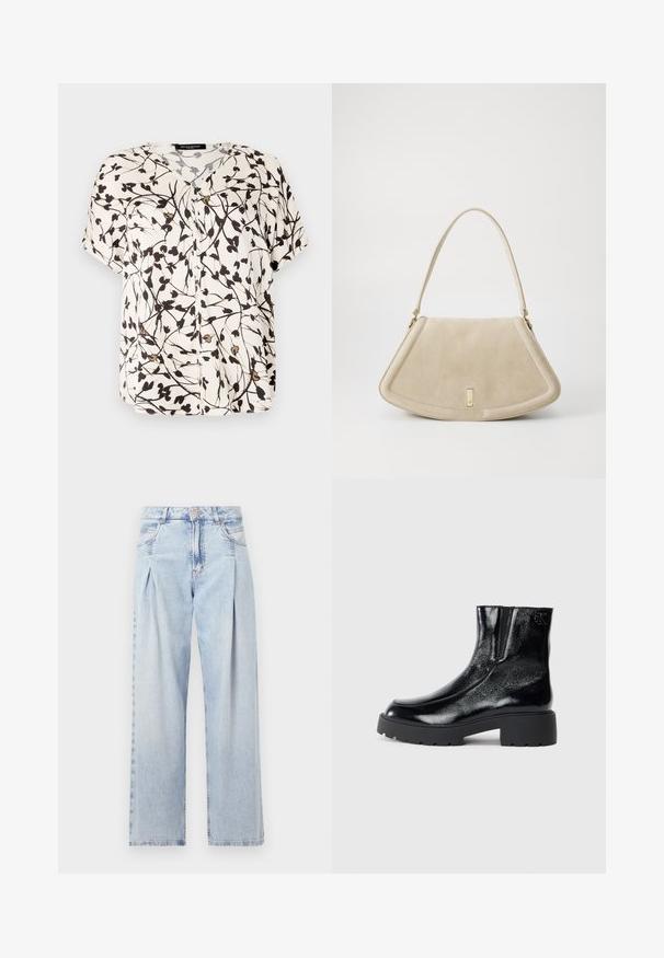Short-sleeve, button-up blouse in off-white with black floral design. Features a V-neck and soft, lightweight fabric.; Light blue denim jeans with a high waist, wide-leg cut, two side pockets, and pleated design feature. Soft texture with a faded finish.; Black ankle boots with a glossy patent leather finish, chunky black rubber sole, and raised heel; includes subtle logo detail on the side.; Beige suede handbag with a rounded triangular shape, a single strap, and a gold-tone hardware accent on the front.