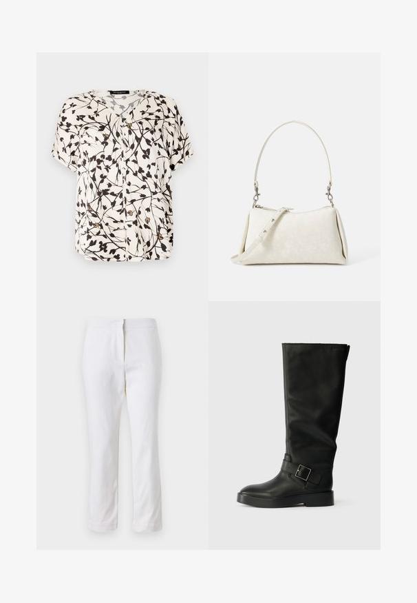 Rövid ujjú, gombos blúz pézsmával és fekete virágmintával. V-nyakú, és puha, könnyű anyagból készült.; Fehér pamut nadrág egyenes lábformával, közepes derékkal, látható fémrészek vagy minták nélkül. Sima textúra az egész anyagon.; Fekete, térdig érő csizmák, sima bőrből, lekerekített orral, vastag talppal és egy vízszintes pánttal, amely téglalap alakú csat részlettel rendelkezik.; Fehér kézitáska sima textúrával, ívelt sziluettel és állítható vállpánttal. Diszkrét logó minta és ezüstszínű kiegészítők jellemzik.