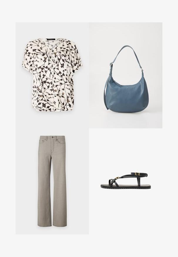 Lyhythihainen napillinen paita off-white-värissä, jossa musta kukkakuosi. Sisältää V-päätteen ja pehmeää, kevyttä kangasta.; Suurikalkkikankaiset vaaleanharmaat leveälahkeiset housut, joissa on sileä pinta. Varustettuna nappikiinnityksellä ja viidellä taskulla.; Mustat nahkasaappaat, joissa on ohuet hihnat ja soljellinen nilkkahihna. Tasainen pohja tekstuurilla ja sahalaitareunalla. Minimalistinen muotoilu.; Sininen nahkakäsilaukku pyöreällä muotoilulla, yhdellä olkahihnalla, vetoketjukiinnityksellä ja kohokuvioidulla brändinimellä edessä. Sileä pinta.