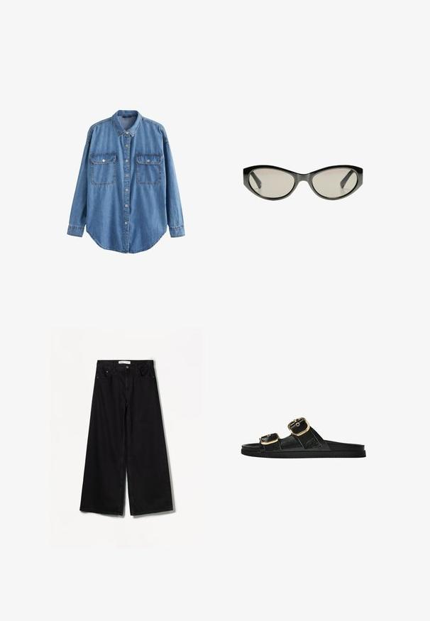 Next TALL - Camicia - mid blue; Bershka WIDE-LEG - Wide Leg - black; Infradito neri con due accenti di fibbia dorata, materiale dalla texture liscia, suola piatta e design minimalista.; Occhiali da sole neri a forma di occhio di gatto con lenti grigie. La montatura in plastica presenta bordi affilati e una finitura liscia e lucida.