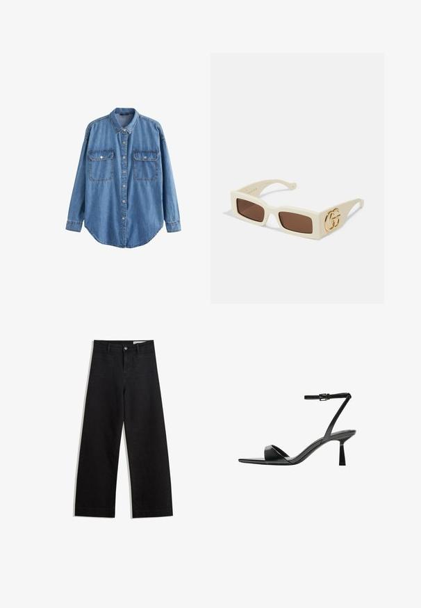 Next TALL - Hemdbluse - mid blue; Schwarze weit geschnittene Jeans mit hoher Taille, ausgestattet mit Vorder- und Hintertaschen, gesteppten Nähten und einem Knopfverschluss. Glatte Textur.; Bershka High Heel Sandalette - black; Weiße rechteckige Sonnenbrille mit braunen Gläsern. Verfügt über ein markantes goldenes GG-Logo an der Seite. Hergestellt aus strukturiertem Kunststoffmaterial.; Bershka WITH CHAIN - Handtasche - black