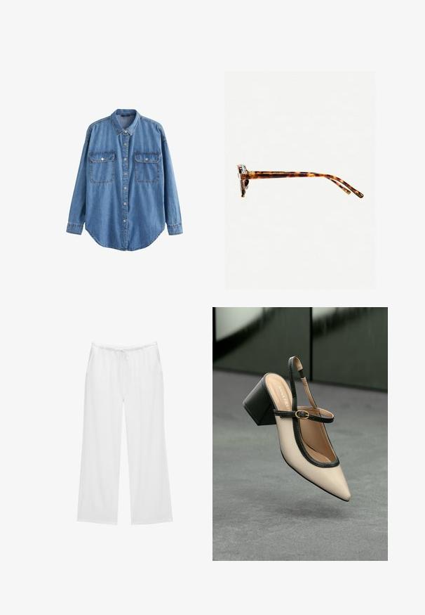 Next - Bluzka; Białe szerokie spodnie z miękkiego materiału, z elastycznym pasem i sznurkiem do regulacji oraz dwiema bocznymi kieszeniami. Prosty i schludny design.; Beżowe buty typu slingback z ostrym noskiem, czarnym wykończeniem, złotą klamrą i grubym obcasem na szarym podłożu z ciemnozielonym tłem.; Okulary przeciwsłoneczne w kratkę w grubej oprawie, lekko zakrzywionymi zausznikami i gładką teksturą. Charakteryzują się klasycznym wzornictwem i błyszczącym wykończeniem.