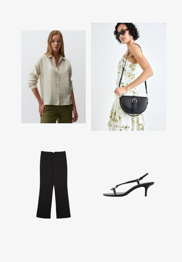 Lichtbeige linnen overhemd met knopen en een comfortabele pasvorm, lange mouwen en opgerolde manchetten, gecombineerd met olijfgroene broeken.; Zwarte broek met een rechte pasvorm, voorzien van zijzakken en plooien aan de onderzijde. Gemaakt van zachte, gladde stof. Geschikt voor verschillende gelegenheden.; Zwarte leren kitten heel sandaal met dunne banden, gouden gesp en minimalistische teenlus op een witte achtergrond.; Zwarte leren handtas met een gebogen vorm, afneembare schouderband en gouden hardware. De tas heeft een klep met een gespsluiting.