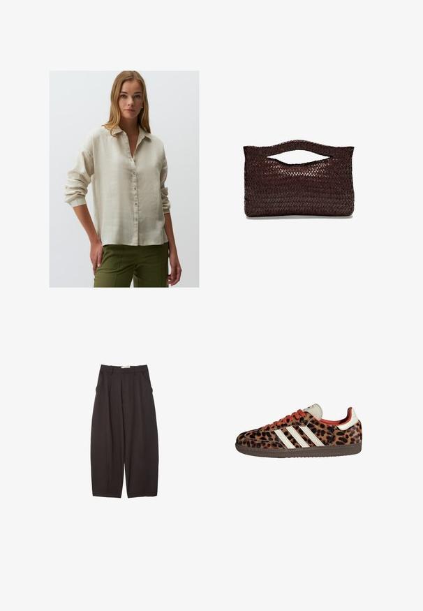 Light beige linen button-up shirt with a relaxed fit, long sleeves, and rolled cuffs, paired with olive green pants.; Black wide-leg trousers made from a smooth fabric, featuring a high waist, front pleats, and side pockets. Simple design without embellishments.; Leopard print sneakers with suede material, red laces, and three white stripes on the side. Features a cream-colored tongue and brown sole.; Woven brown leather handbag with a rounded top handle and an open silhouette, featuring a textured surface and sleek, minimalist design.