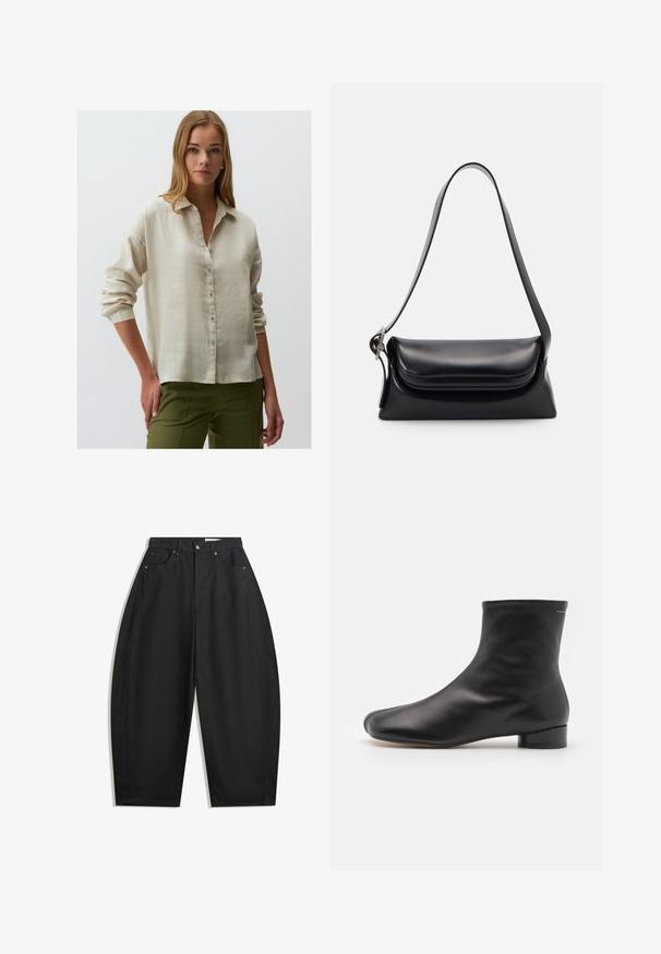 Light beige linen button-up shirt with a relaxed fit, long sleeves, and rolled cuffs, paired with olive green pants.; Black wide-leg trousers made from cotton, featuring a high waist, five pockets, and metal button closure. Smooth texture and no visible patterns.; MM6 Maison Margiela BOOT - Classic ankle boots - black; Black leather handbag with a structured shape, a smooth texture, and a single shoulder strap. Features a subtle, rounded flap design.