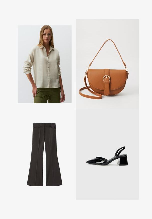 Light beige linen button-up shirt with a relaxed fit, long sleeves, and rolled cuffs, paired with olive green pants.; Black flared trousers with a high waist; features two front pockets and a smooth fabric texture. Suitable for various occasions.; Black patent leather slingback heels with a pointed toe and a geometric block heel. Features a sleek, minimal design and smooth texture.; Brown leather crossbody bag with a curved shape, gold hardware, and a buckle accent. Features a detachable shoulder strap.