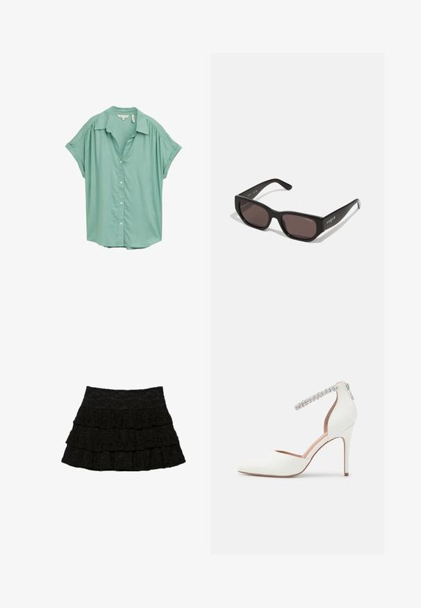 Mint green short-sleeve button-up shirt with a collared neckline, subtle pleating at shoulders, and a relaxed fit. Smooth fabric texture.; Black tiered skirt featuring three layers of ruffles with a textured floral pattern. Elastic waistband for comfort and fit.; White high-heeled shoe with a pointed toe design, leather material, adjustable ankle strap adorned with rhinestones, and a slim stiletto heel.; Black rectangular sunglasses with dark lenses. Features a smooth plastic frame and logo detail on the temple. Clean, modern design.; Michael Kors wristlet in beige coated canvas featuring a repeating MK logo pattern, gold hardware, and a detachable chain strap.