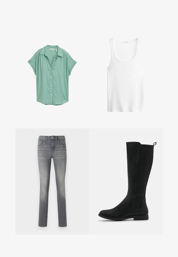 Mintgrøn kortærmet skjorte med knapper og kravehals, diskret plissering ved skuldrene og en afslappet pasform. Glat stoftekstur.; Hvid ribbet tanktop med scoop-udskæring og brede stropper. Blødt stof med en behagelig tekstur og syede kanter. Simpelt, tætsiddende design.; Grå denim jeans med en slim fit, der har en falmet vask, fem lommer, en knaplukning og diskrete syninger.; Knæ-høje sorte støvler i kunstlæder med en glat overflade, elastiske sidepaneler og en lav, flad sål for komfort.