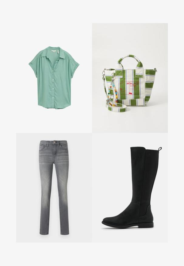 Miętowozielona koszula z krótkim rękawem z guzikami, z kołnierzykiem, subtelnymi plisami na ramionach oraz luźnym krojem. Gładka faktura materiału.; Biały żebrowany top na ramiączkach z okrągłym dekoltem i szerokimi ramiączkami. Miękka faktura materiału i obszycia. Prosty, dopasowany krój.; Szare dżinsy o slim fit, z wyblakłym wykończeniem, pięcioma kieszeniami, zapięciem na guzik oraz subtelnymi detalami szycia.; Czarny, wysokości do kolan, sztuczny skórzany botki z gładką powierzchnią, elastycznymi bocznymi panelami oraz niską, płaską podeszwą dla komfortu.; Torba na ramię z płótna w zielono-białe paski, z grafiką pocztową w kolorze czerwonym. Posiada odpinany koralikowy pasek oraz podwójne uchwyty.