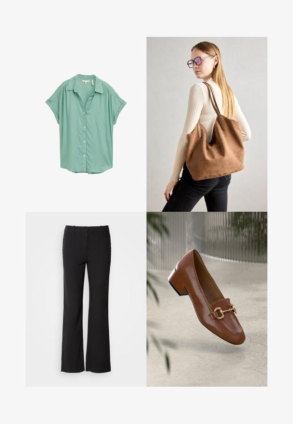 Menta zöld, rövid ujjú, gombos ing, galléros nyakkivágással, finom pliszírozással a vállaknál és laza fazonnal. Sima szövet textúra.; Fekete pamut keverék nadrág egyenes szárú dizájnnal, elülső gombos záródással és két oldalsó zsebbel. Simára kialakított textúra, nincs látható minta.; Barna lakkbőr loaferek négyzet alakú orral, fém lánc díszítéssel és alacsony blokk sarkú kialakítással; sima textúra, minimalista design.; Barna velúr vászontáska puha textúrával, nagy nyílással és hosszú pántokkal. Egyszerű dizájnnal rendelkezik, látható varrással és nincs rajta fém alkatrész.