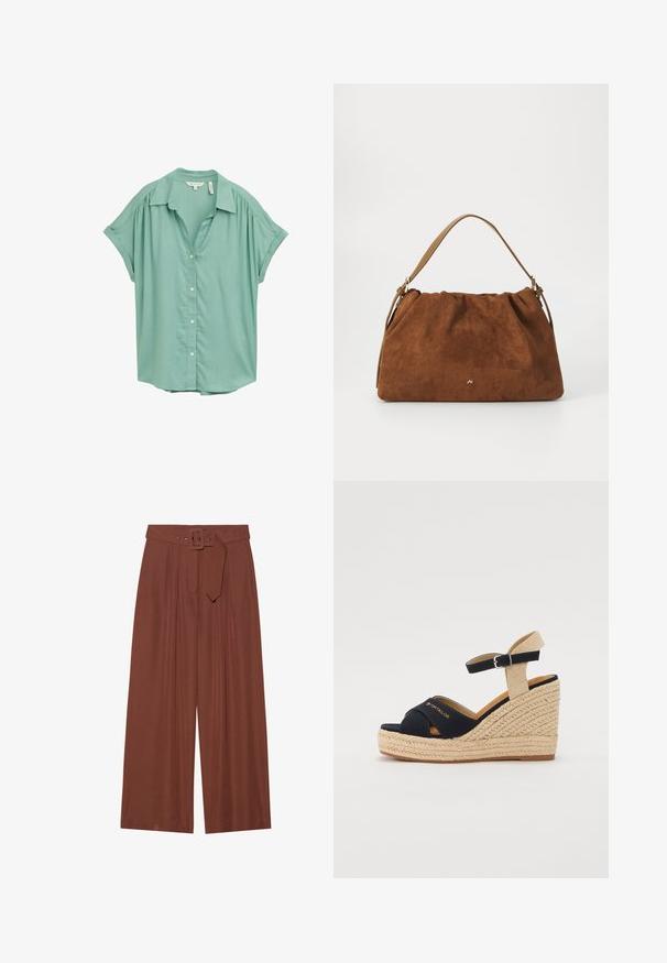 Mündroheline lühikeste varrukatega nööbiga särke, millel on krae, õlgadel on peened voltimisdetailid ja lõtv istuvus. Sile kangastekstuuri.; Küljed on laiad pruunidest kangast püksid, millel on ruudukujuline pandla ja pleeditud disain, samuti sile tekstuur.; Tumes steekmailjeed sandaalid, millel on punutud jute platvorm, reguleeritav pahkluu rihm ja kangast ülemine osa. Omab ümarat varbaosa ja kuldset logo detaili.; Pruun nubukist käekott, millel on kokku tõmmatud disain, ühesaanvärvilise naha rihmaga ja esiküljel peen kuldne logo detail.