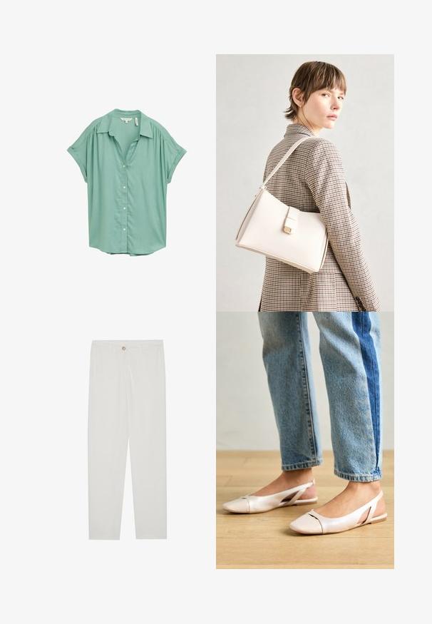 Mintgroene kortmouwige button-up shirt met een kraag, subtiele plooien op de schouders en een ontspannen pasvorm. Gladde stoftextuur.; Witte, op maat gemaakte broek met een rechte pijpdesign, featuring een knoopsluiting, riemlussen en zijzakken; gladde stoftextuur.; Zachtroze slingback ballerina's met een spitse neus, gemaakt van een glad leerachtig materiaal. Bevat uitsnijdingen aan de zijkanten en heeft een platte hak.; Witte leren handtas met een gestructureerd ontwerp, voorzien van een magneetsluiting en een schouderriem, tentoongesteld tegen een neutrale achtergrond.