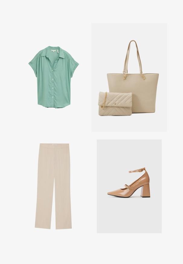 Mintgrünes kurzärmliges Hemd mit Knopfleiste und kragenartigem Ausschnitt, sanften Falten an den Schultern und einem lässigen Schnitt. Glatte Stofftextur.; Beige weite Hose mit glatter Textur, maßgeschneidertem Schnitt, zwei vorderen Taschen und dezentem Knickdetail entlang der Beine.; Beige Lackleder-Pumps mit spitzem Zeh, einem Knöchelriemen und einem massiven Quadratabsatz. Glatte Textur mit glänzender Oberfläche.; Beige Einkaufstasche mit flachen Henkel, glatter Textur und goldenem Zubehör, kombiniert mit einer passenden gesteppten Clutch mit Kettenriemen.