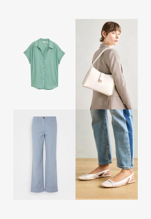 Camisa de botones de manga corta en verde menta con cuello, sutiles pliegues en los hombros y un corte relajado. Textura de tela suave.; Pantalones de lino azul claro con pierna recta, cierre de botón y dobladillo vuelto. Textura suave, diseñados para uso casual.; Bailarinas de color rosa pálido con tiras traseras y punta puntiaguda, fabricadas con un material similar al cuero suave. Presentan detalles recortados en los laterales y un tacón plano.; Bolso de mano de cuero blanco con un diseño estructurado, que presenta un cierre magnético y una correa para el hombro, exhibido sobre un fondo neutro.