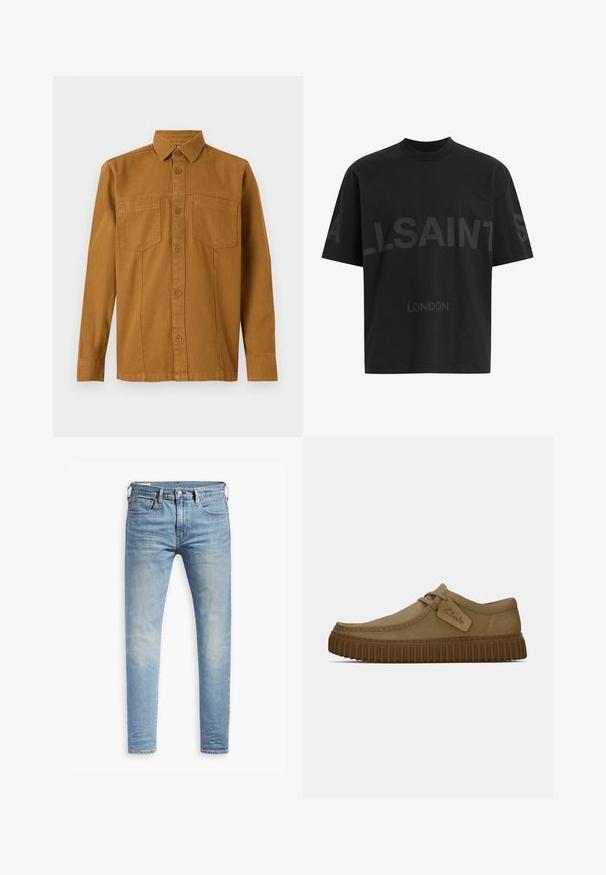 TOM TAILOR Košeľa - deep cognac; Čierne pánske oversized tričko s tmavosivým textom "ALLSAINTS" cez hruď a menšími písmenami "LONDON" pod ním.; Svetlo modré úzke džínsy s miernym prehrdzavením na stehnách, predným gombíkovým zapínaním, pútkami na opasok a štýlom s piatimi vreckami na bielom pozadí.; Svetlohnedé semišové topánky s okrúhlym špičkou, prešitou detailnou úpravou a ribbovanou hnedou gumovou podrážkou. Obsahujú bočný štítok s logom "Clarks".