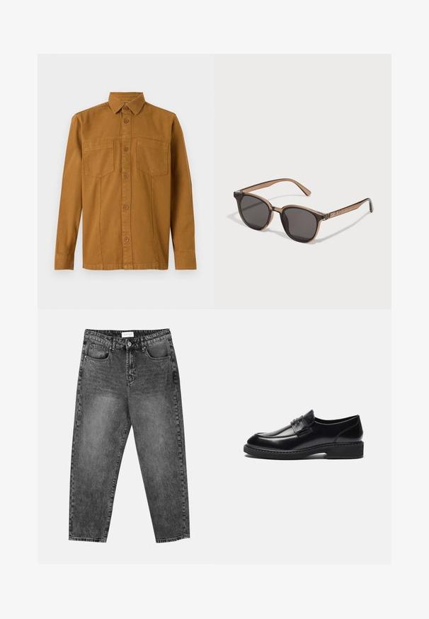 TOM TAILOR Overhemd - deep cognac; Set van vijf T-shirts met korte mouwen in wit, beige, lichtgrijs, donkergrijs en zwart. Gemaakt van gladde katoen en voorzien van een ronde hals.; Zwart gewassen rechte jeans met voor- en achterzakken, riemlussen en een knoopsluiting in de taille.; Zign LEATHER - Zakelijke loafers - black; Bruine plastic zonnebril met donkere lenzen, ronde vorm en taps toelopende pootjes. Opvallende versiering op de slapen.; Zwarte sporttas met dikke handvatten en een afneembare schouderband. Gemaakt van een gladde stof, met een ritssluiting en een minimalistisch ontwerp.