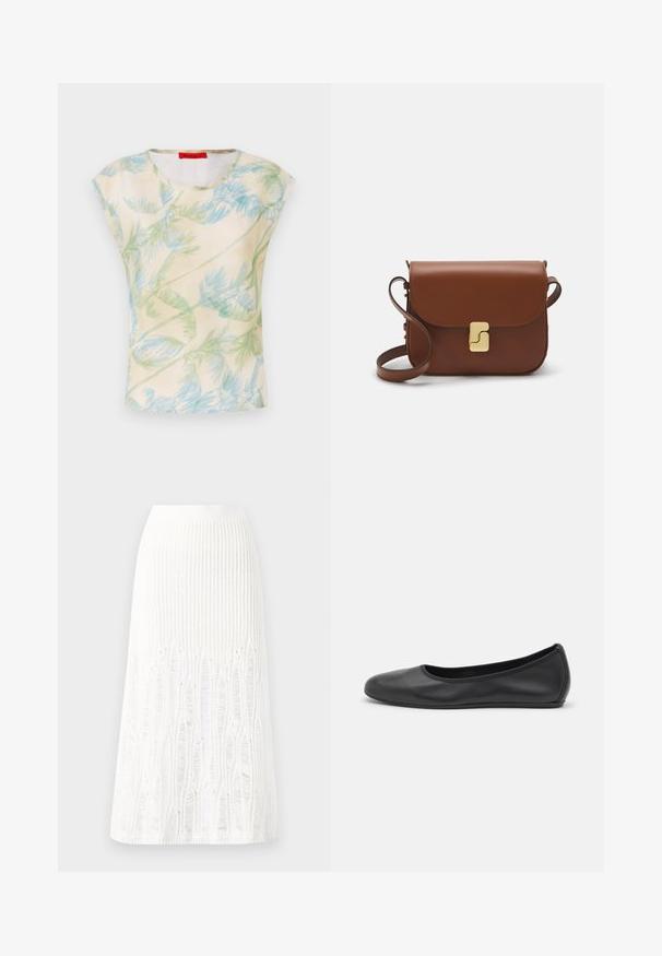 Haut à manches courtes en tissu léger avec un fond crème présentant un motif de feuilles de palmier vertes et bleues. Encolure arrondie, coupe décontractée.; Jupe midi en tricot blanche présentant un motif texturé avec des lignes verticales et des découpes près de l'ourlet. Taille élastique. Matériau doux.; Ballerines en cuir noir avec un bout rond, texture lisse, détails de couture minimalistes et design de semelle flexible.; Sac à main en cuir marron avec une fermeture à rabat, des accents en métal doré, une bandoulière et une texture lisse. Forme rectangulaire compacte.