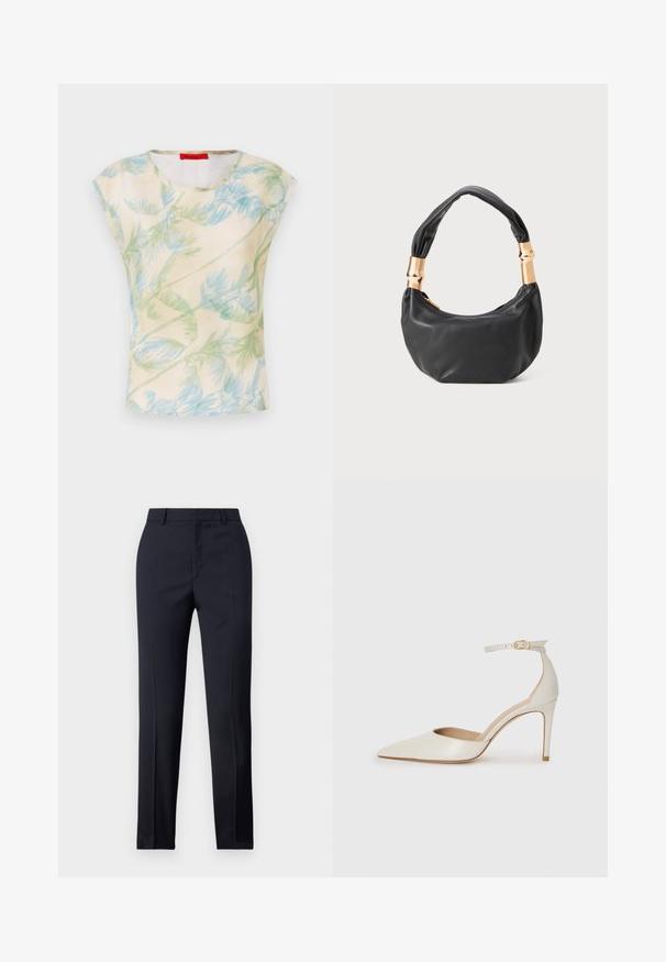 Haut à manches courtes en tissu léger avec un fond crème présentant un motif de feuilles de palmier vertes et bleues. Encolure arrondie, coupe décontractée.; Pantalons ajustés bleu marine avec une coupe droite, présentant une texture lisse, deux poches avant et une taille épurée.; Chaussure à talon haut en cuir blanc avec un bout pointu, une bride de cheville et un talon aiguille fin. Texture lisse avec une finition légèrement brillante.; Sac à main en cuir noir de forme ronde, texture douce, et avec une anse nouée ornée d'accents en matériel doré. Fermeture éclair.
