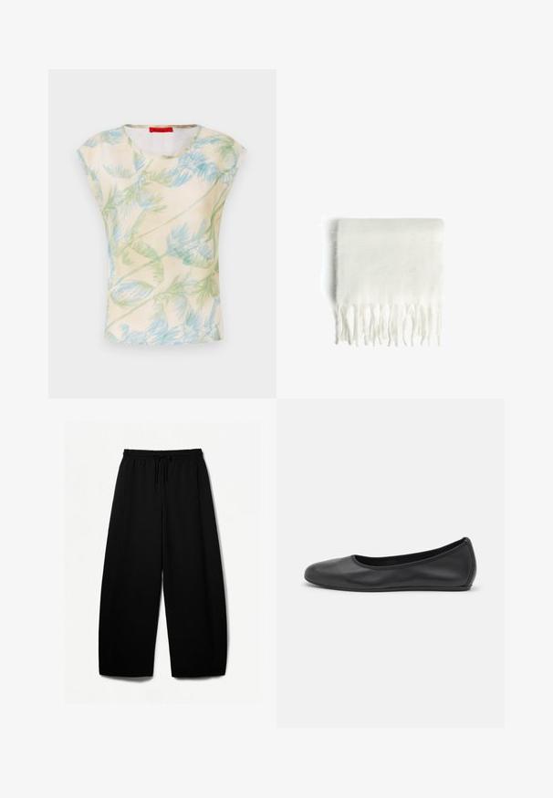 Kurzärmliges Oberteil aus leichtem Stoff mit cremefarbenem Hintergrund und einem Muster aus grünen und blauen Palmblättern. Rundhalsausschnitt, lockere Passform.; Schwarze weit geschnittene Hosen mit elastischem Bund und Kordelzug. Weicher Stoff mit glatter Textur. Gerader Schnitt mit Seitennähten.; Schwarze Leder-Ballettschuhe mit abgerundeter Spitze, glatter Textur, minimalen Nähdetails und einem flexiblen Sohlen-Design.; Weiße Fleece-Schal mit fransigen Kanten, weicher Textur und rechteckiger Form. Eignet sich zum Schichten und bietet Wärme.