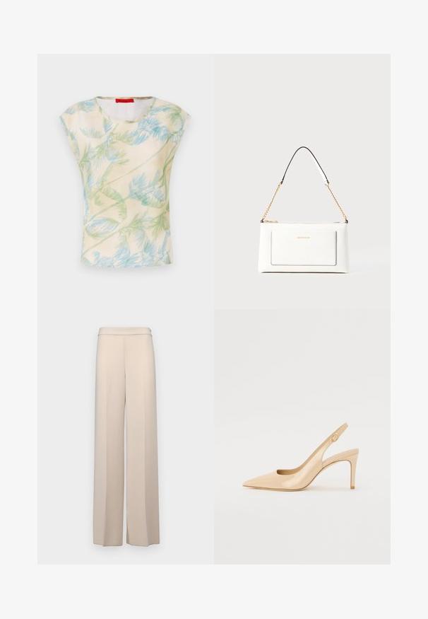 Haut à manches courtes en tissu léger avec un fond crème présentant un motif de feuilles de palmier vertes et bleues. Encolure arrondie, coupe décontractée.; Pantalons larges beiges en tissu lisse, dotés d'une taille haute et de plis avant discrets. Pas de poches ni de détails en matériel visibles.; Escarpin slingback en cuir verni nude avec un bout pointu, un décolleté ouvert et un talon aiguille fin. Comprend un accent doré circulaire sur la sangle.; Sac à main en cuir blanc avec un fini texturé, doté d'une bandoulière en chaîne dorée et d'accents noirs. Comprend une poche avant et une fermeture éclair.