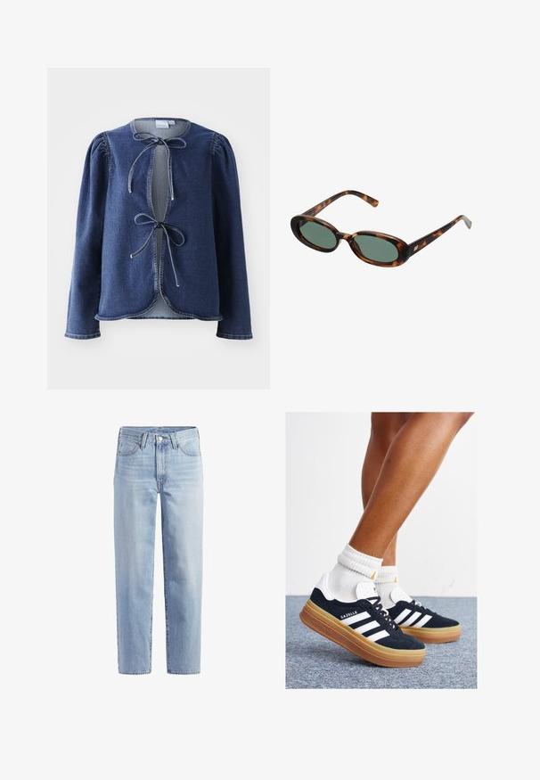 Sötétkék farmerdzseki hosszú ujjakkal, puffos vállakkal, és elöl megkötős záródással. Kerekített alja van, és kontrasztos varrásokkal rendelkezik.; Világoskék, egyenes fazonú farmernadrág elülső gombbal, cipzárral, övbújtatókkal és öt zsebes kialakítással, fehér háttér előtt.; Fekete velúr sportcipő fehér csíkokkal és díszítésekkel, lekerekített orral, gumitalpú külső résszel, fehér bordázott bokazoknival párosítva.; Tortojásmintás napszemüveg ovális kerettel és zöld lencsékkel. Vékony szárakkal rendelkezik, fémes kiegészítővel a csuklók közelében.; Barna Michael Kors hobo táska arany színű kiegészítőkkel. Monogram mintával rendelkezik, sima textúrájú, és levehető pánttal van felszerelve, amely emblémás díszítéssel büszkélkedhet.