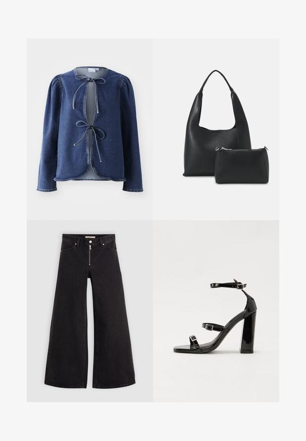 Jaqueta de ganga azul-escura com mangas longas, ombros bufantes e um fecho de laço na parte da frente. Apresenta uma bainha arredondada e costura contrastante.; Calças de ganga de perna larga em denim preto com fecho éclair à frente, design de cinco bolsos e detalhes de costura subtil. Textura suave e estilo casual.; Sandálias de tacão preto laqueadas com bico quadrado, tiras para o tornozelo e fivelas prateadas. Apresentam um salto bloco chunky para estabilidade.; Even&Odd SET - Mala de mão - black