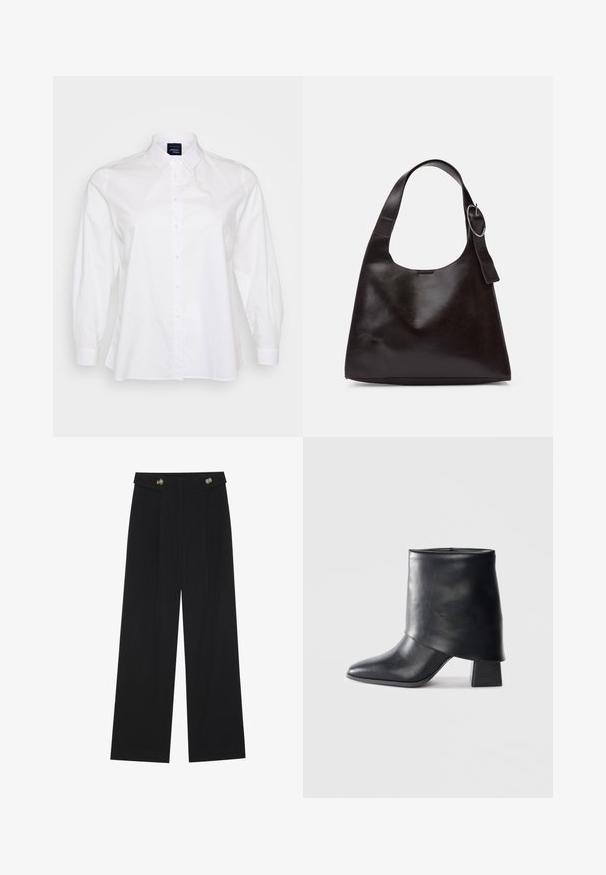 Balta ilgomis rankovėmis marškiniai, su sagų užsegimu priekyje, apykakle, pagaminti iš medvilnės. Turi švelnų paviršių ir laisvą prigludimą, su apvaliu hemu ir užsegamomis rankovėmis.; Juodi plačios kojos kelnės su aukštu liemeniu, sagų detalėmis ant liemens ir priekinėmis raukšlėmis.; Juodos odinės kulkšnės botai su smailiu pirštu, lygiu paviršiumi ir standžiu blokiniu kulnu. Ypatybė - aukštas, sulankstytas užkulnis.; Ruda odinė petinė kuprinė su lygiu paviršiumi, apvalia forma, plačia juosta ir apvaliu metaliniu akcentu ant rankenos.