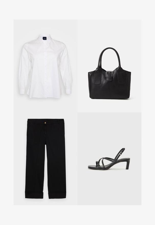 White long-sleeve shirt, button-down front, collar, made of cotton. Features soft texture and relaxed fit, with rounded hem and buttoned cuffs.; Black cotton trousers with a straight-leg cut, featuring front pockets, a gold button closure, and rolled cuffs. Smooth texture.; Black strappy sandal with a square toe and a low block heel. Features multiple thin straps and an adjustable ankle strap. Made of smooth leather.; Black leather tote bag with smooth texture, structured shape, two handles, and a prominent silver buckle detail on the front.