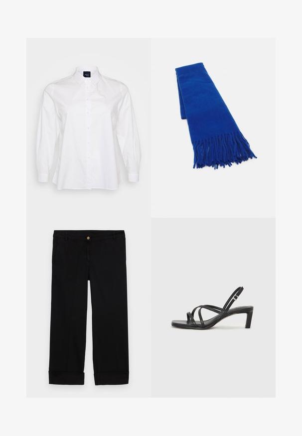 White long-sleeve shirt, button-down front, collar, made of cotton. Features soft texture and relaxed fit, with rounded hem and buttoned cuffs.; Black cotton trousers with a straight-leg cut, featuring front pockets, a gold button closure, and rolled cuffs. Smooth texture.; Black strappy sandal with a square toe and a low block heel. Features multiple thin straps and an adjustable ankle strap. Made of smooth leather.; Blue woven scarf with fringed ends, smooth texture, rectangular shape, and uniform color throughout. Suitable for cold weather.