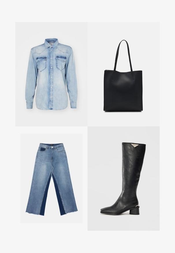 Világoskék farmering hosszú ujjal, hegyes gallérral, két mellzsebbel és gombos záródással. Faded textúrával és klasszikus dizájnnal rendelkezik.; Világoskék, bőszárú farmernadrág, kontrasztos sötétkék panelekkel, szálkás szegélyekkel, valamint normál derekú, fém gombos záródással.; Fekete, térd fölé érő csizma sima bőrből, négyzetes orral és közepes tömegű sarokkal, ami fémes akcentussal van ellátva.; Fekete bőrtáska sima felszínnel, téglalap alakú, két hosszú füllel. Nincs látható fémkiegészítő vagy díszítés.