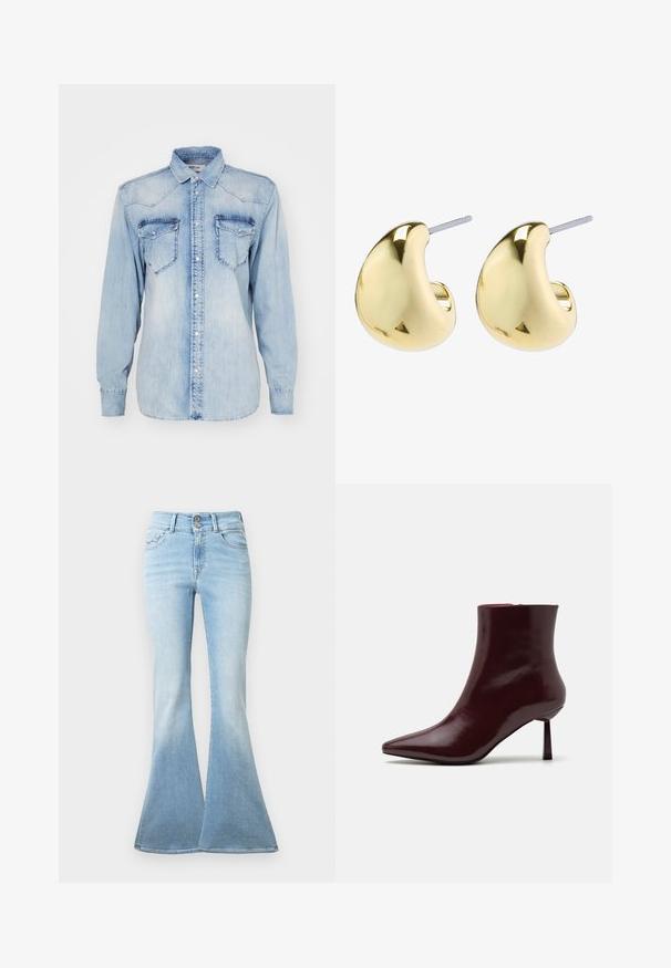 Svijetloplava traper košulja dugih rukava, sa šiljastim ovratnikom, dva džepa na prsima i gumbima za zatvaranje. Ima izblijeđenu teksturu i klasični dizajn.; Svetlo modri razširjeni kavbojki iz denima. Imajo visok pas z dvema gumboma in rahlim zbledeljem proti robu. Klasična zasnova s petimi žepi.; Burgundska patentna kožna gležnjarja s koničastim nosom in ozko špicasto peto, s gladko, sijočo teksturo in minimalističnim dizajnom.; Zlate uhane z gladko, zaobljeno obliko, ki imajo odsevnico in zatič, kar zagotavlja varno nošenje.