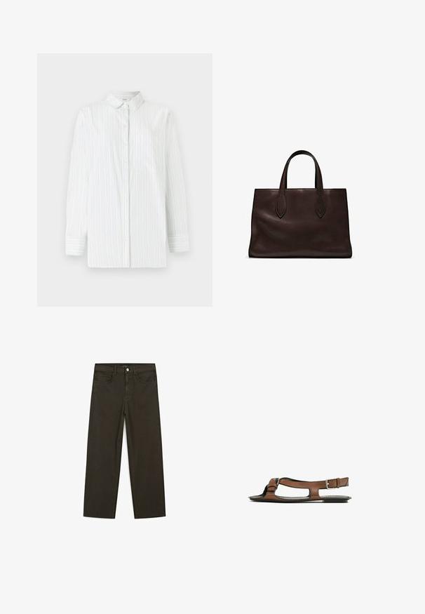White long-sleeve shirt with light blue vertical stripes. Features a pointed collar, front pocket, and button-up closure. Smooth texture.; Dark green wide-leg jeans made of cotton blend, featuring a front button closure, five pockets, and classic denim stitching.; Brown leather sandal with an open toe and side cutouts. Features an ankle strap with a metal buckle and a flat sole.; Brown leather tote bag with two elongated handles, structured rectangular shape, smooth texture, and subtle stitching details.
