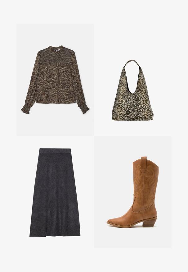 Blouse en imprimé léopard dans des tons de brun et de vert, avec un col montant, des manches longues et des détails froncés à l'ourlet et aux poignets.; Jupe en maille gris foncé, longueur genou, avec une texture lisse et une ceinture. Silhouette en A avec un ourlet uniforme, conçue pour le confort et la polyvalence.; Bottes de cow-boy en cuir tan avec un bout pointu, des motifs en spirale brodés sur la tige, et un talon bloc empilé. Équipées d'une languette pour un enfilage facile.; PULL&BEAR Cabas - mottled dark brown