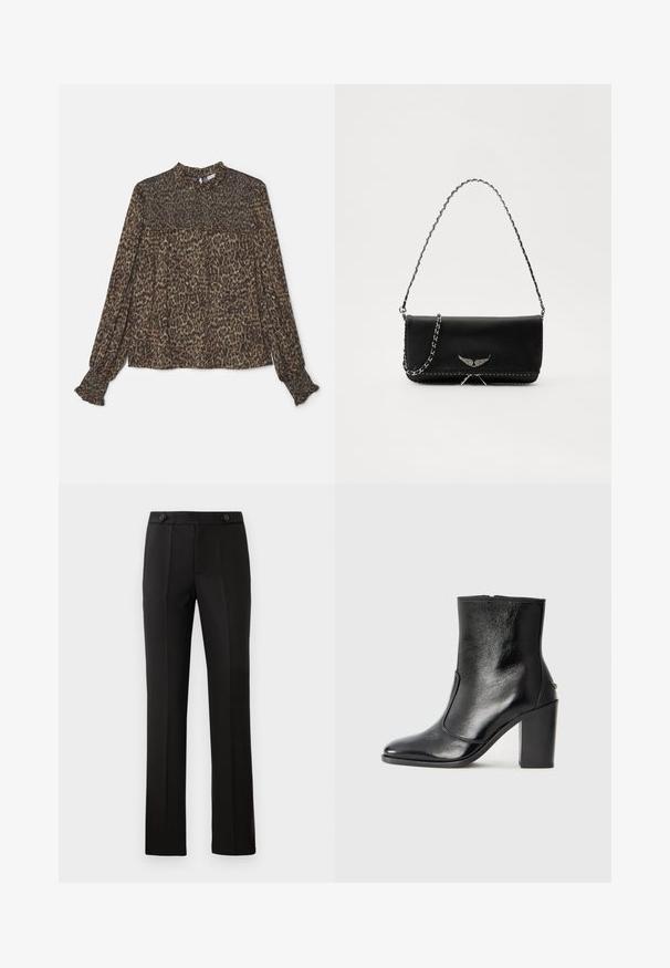 Bluse med leopardprint i nuancer af brune og grønne farver, med høj halsudskæring, lange ærmer og smock-detaljer ved kanten og manchetterne.; Sorte skræddersyede bukser med lige ben, to frontlommer, knaplukning og plissé detaljer foran. Glat stofstruktur.; Sorte læder ankelstøvler med en glat overflade, spids tå og en chunky høj hæl. Har en sidelukning og minimalistisk design.; Sort læderhåndtaske med en sølv kædestrop, der har dekorative vingedetaljer og hvid syning langs bunden.