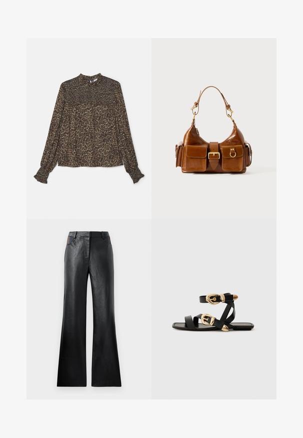 Leopárd mintás blúz barna és zöld árnyalatokban, magas nyakú, hosszú ujjú, redőzött díszítéssel az alján és az ujjaknál.; Fekete bőrnadrág, amely enyhén bővül a nadrág szárán, sima textúrával rendelkezik, és két elülső zsebe van, fekete és barna kiemelésekkel a deréknál.; Fekete bőr szandál arany csattal, több hevederrel és lapos talpú dizájnnal, nyitott lábujjú viselethez.; Barna bőrtáska ívelt formával, dupla aranyszínű fémhardverrel, két elülső zsebbel és széles pánttal. Simán textúra elegáns kivitelben.