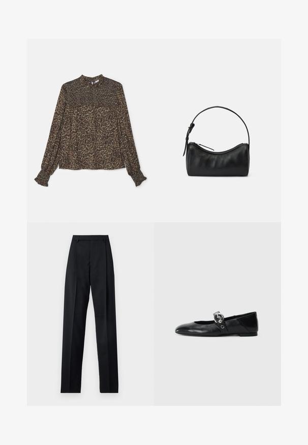 Leopardenmusterbluse in Brauntönen und Grüntönen, mit hohem Kragen, langen Ärmeln und gerafften Details am Saum und an den Manschetten.; Schwarze Hosen aus glattem Stoff mit hoher Taille, weitem Bein, vorderen Falten und klassischen Gürtelschlaufen. Keine sichtbaren Seitentaschen.; Schwarze Ballettflat mit spitzer Spitze, ausgestattet mit einem Riemen und einer runden, metallischen Schnalle sowie einer flachen Sohle.; Schwarze Leder-Umhängetasche mit geschwungenem Design, Reißverschluss und schmalem Trageriemen. Hat eine glatte Textur und dezente Nahtdetails.